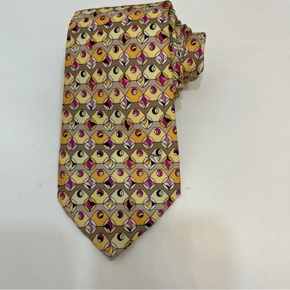 Emilio Pucci Geometric Yellow and‎ Pink Silk Tie